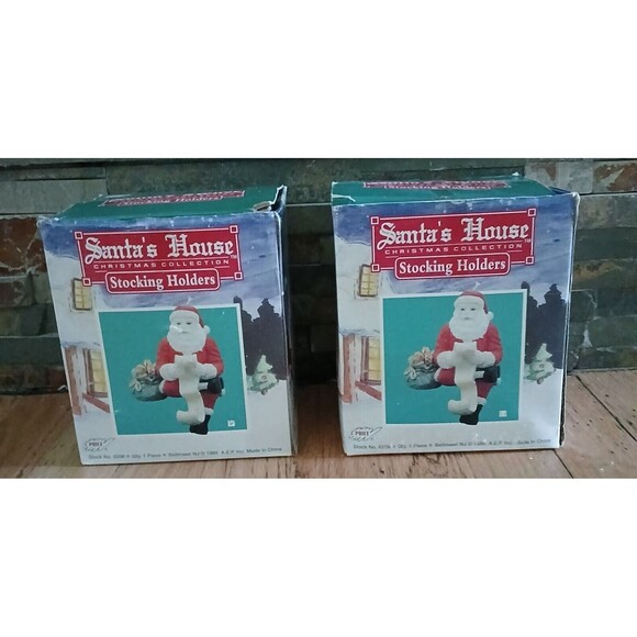 Set of 2 5" Santa's House Christmas 1995 Stocking Holders Hand Painted Cold Cast - Picture 14 of 14